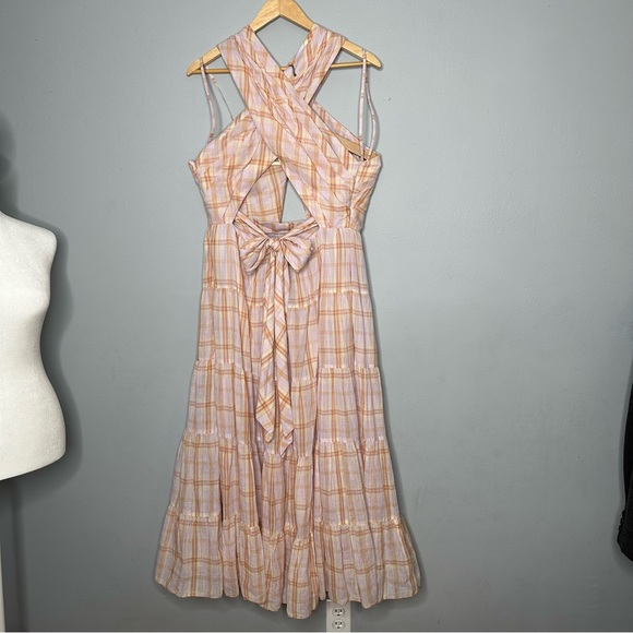 ULLA JOHNSON Noelle Crossover Halter Back-Tie Midi Plaid Dress NEW - Picture 11 of 14